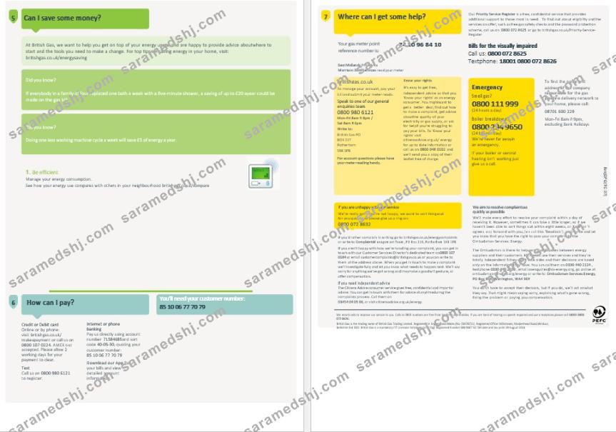 United Kingdom British Gas business utility bill, Word and PDF template, 4 pages 3-4